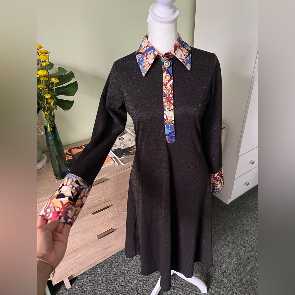 Modest Black Glitter & Vintage Floral Antique Gold Button Fit & Flare Dress Sz S - Picture 4 of 16